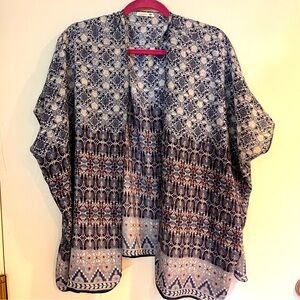 Lightweight chiffon, blue white red short open kimono top  size L flowy beachy